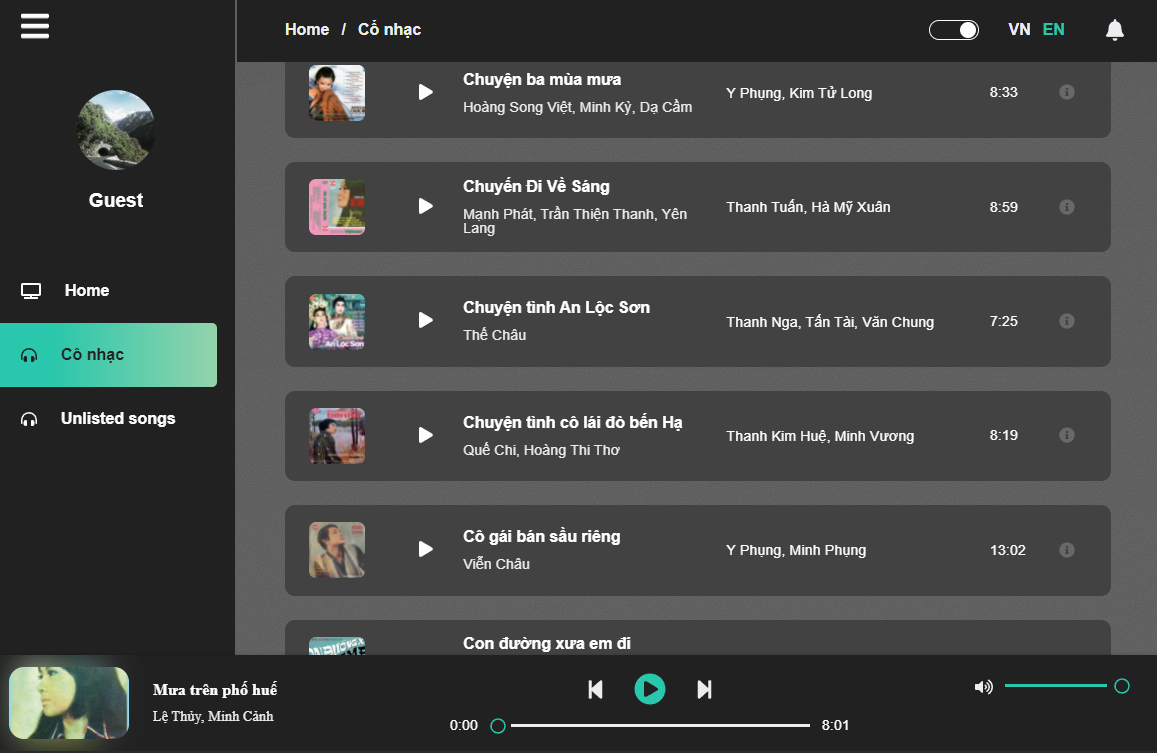 Listing des chansons - darkmode