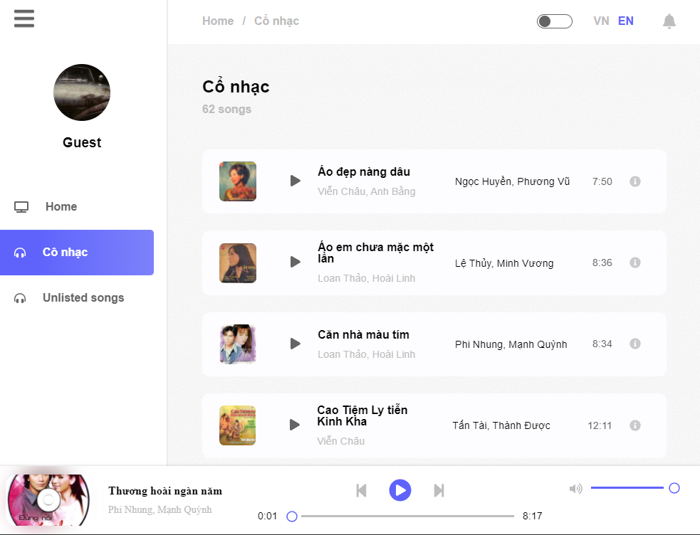 Listing des chansons - desktop
